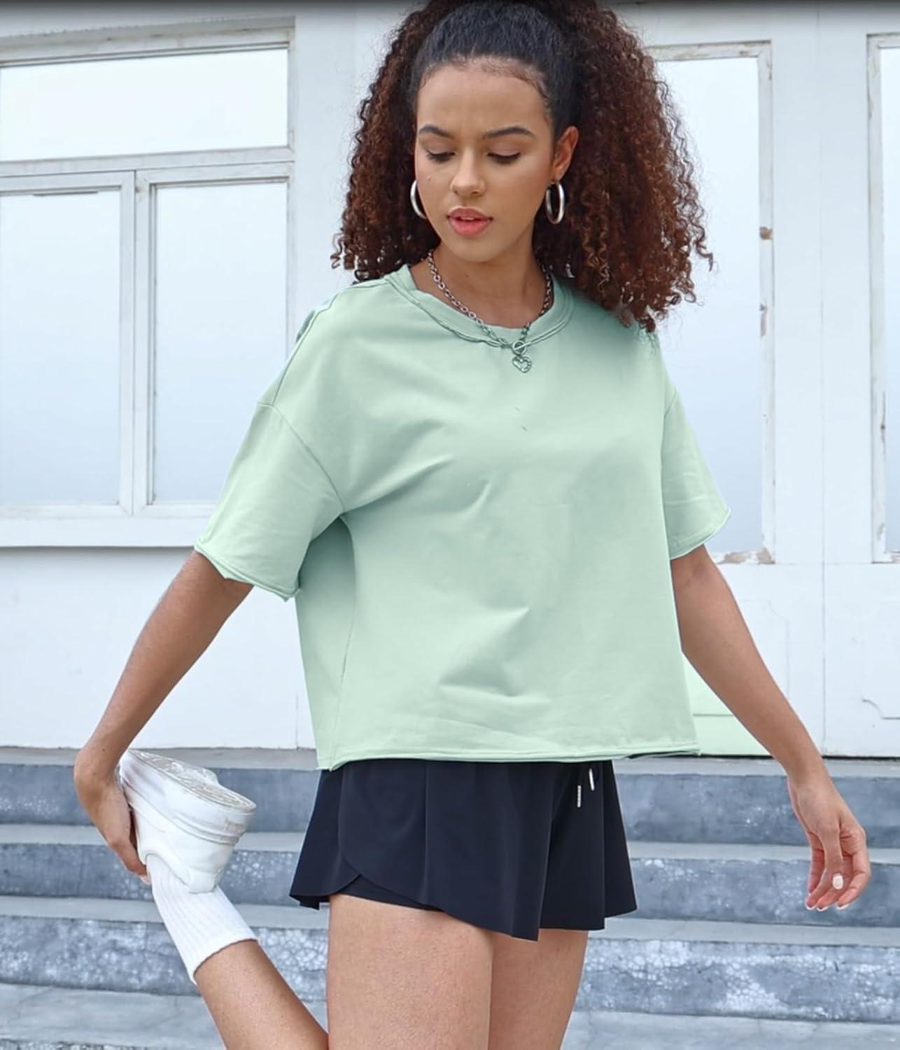 imageXIEERDUO Cotton Tshirts for Women Drop Shoulder Round Neck Oversized Crop Tops Workout Tops TeesSage Green