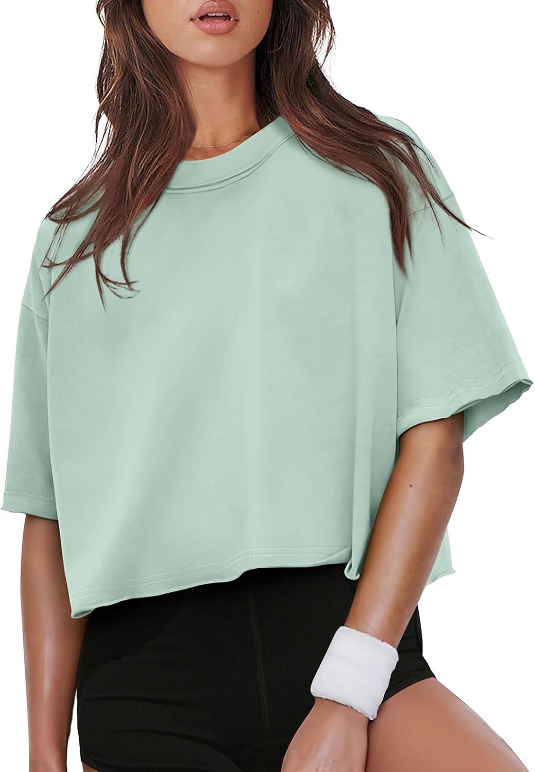 imageXIEERDUO Cotton Tshirts for Women Drop Shoulder Round Neck Oversized Crop Tops Workout Tops TeesSage Green