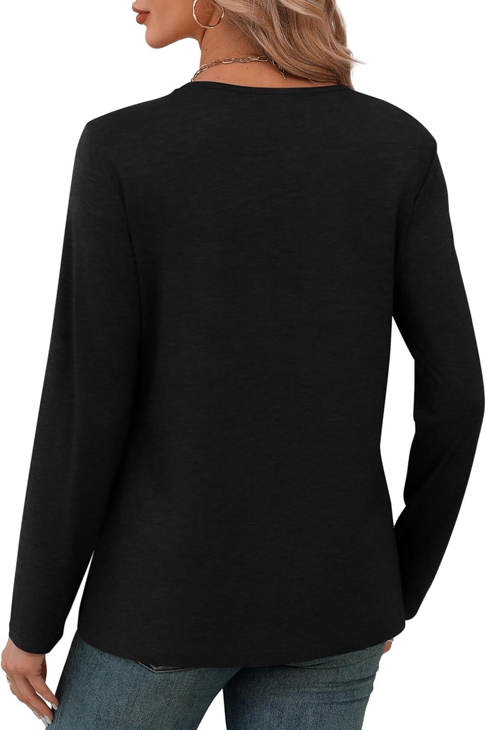 imageXIEERDUO Long Sleeve Shirts for Women V Neck Fall Tops Basic Tunic Tops Loose Fit Dressy 2025Black