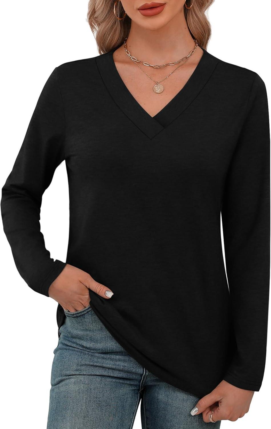 imageXIEERDUO Long Sleeve Shirts for Women V Neck Fall Tops Basic Tunic Tops Loose Fit Dressy 2025Black