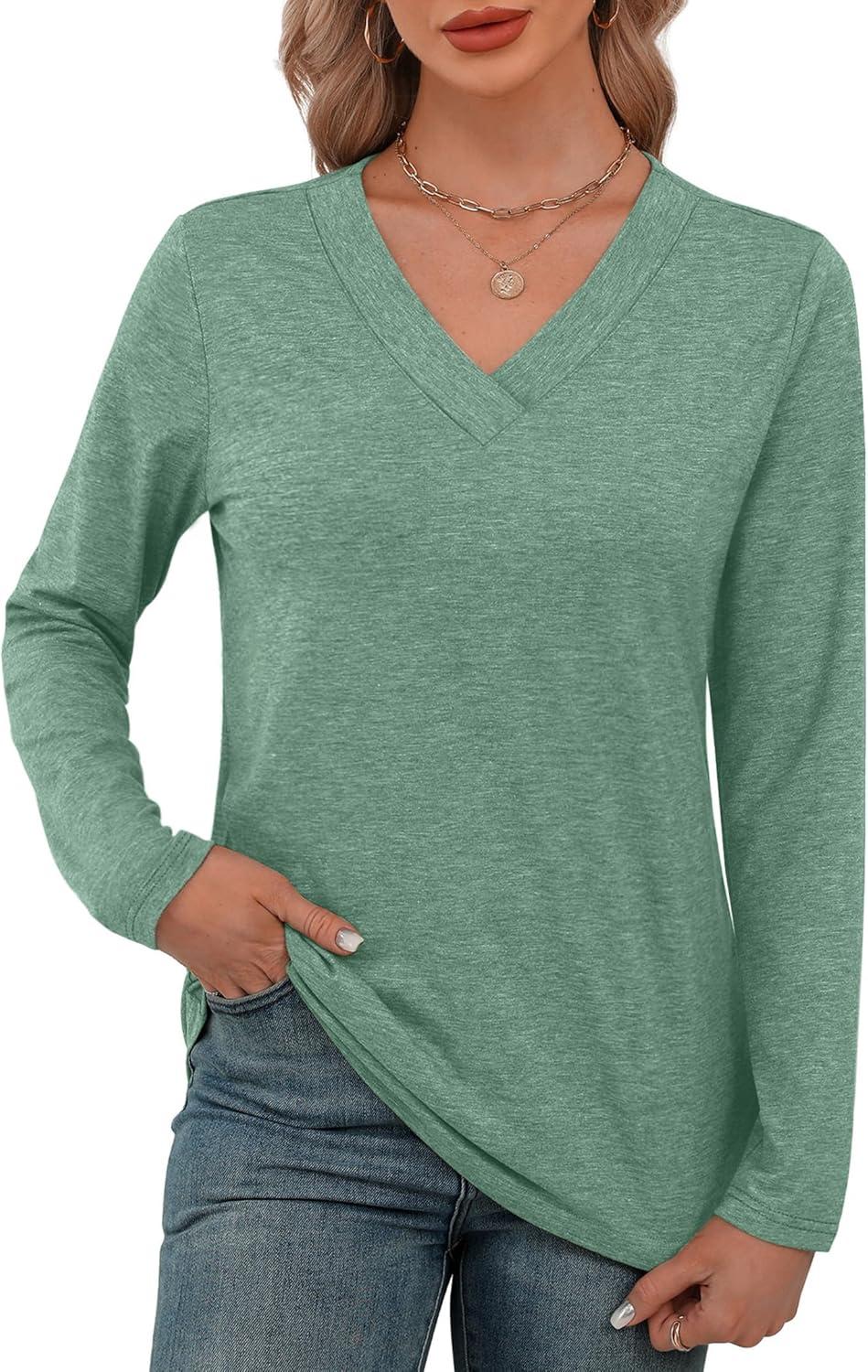 imageXIEERDUO Long Sleeve Shirts for Women V Neck Fall Tops Basic Tunic Tops Loose Fit Dressy 2025Blue Green