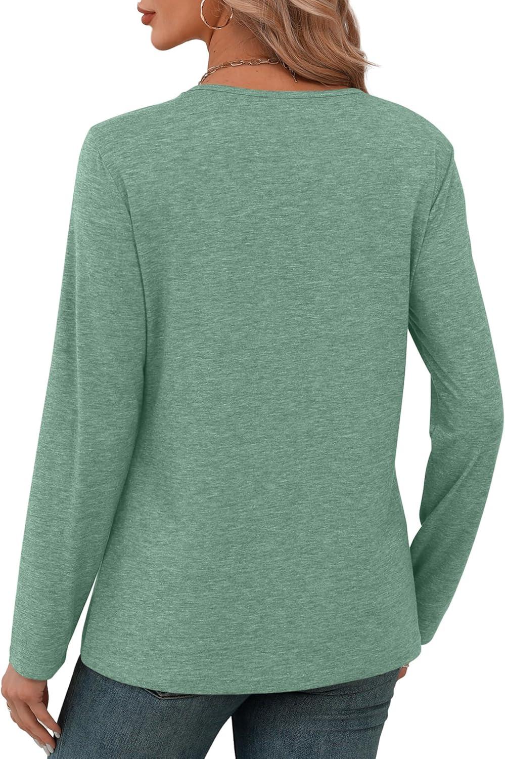 imageXIEERDUO Long Sleeve Shirts for Women V Neck Fall Tops Basic Tunic Tops Loose Fit Dressy 2025Blue Green