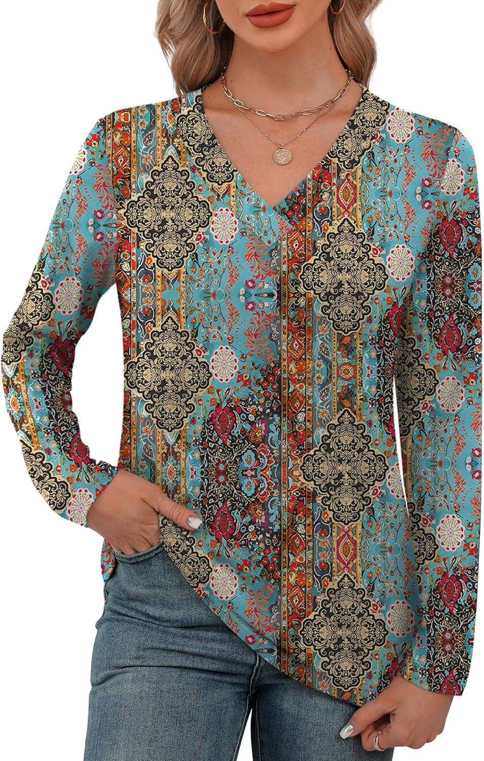 imageXIEERDUO Long Sleeve Shirts for Women V Neck Fall Tops Basic Tunic Tops Loose Fit Dressy 2025Boho Floral