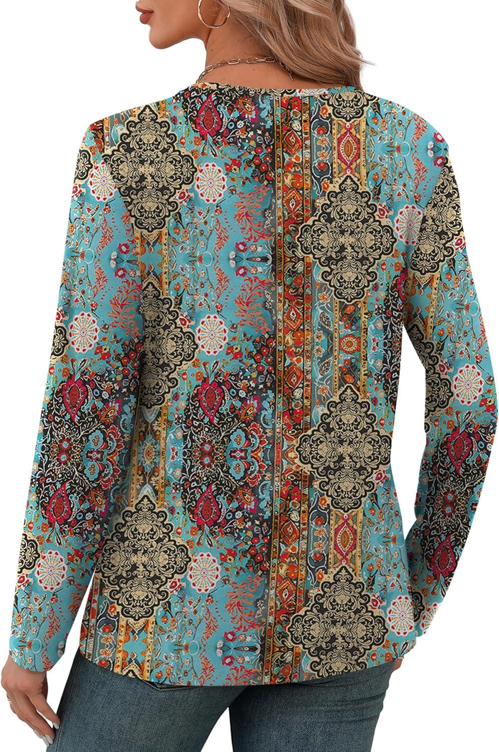 imageXIEERDUO Long Sleeve Shirts for Women V Neck Fall Tops Basic Tunic Tops Loose Fit Dressy 2025Boho Floral