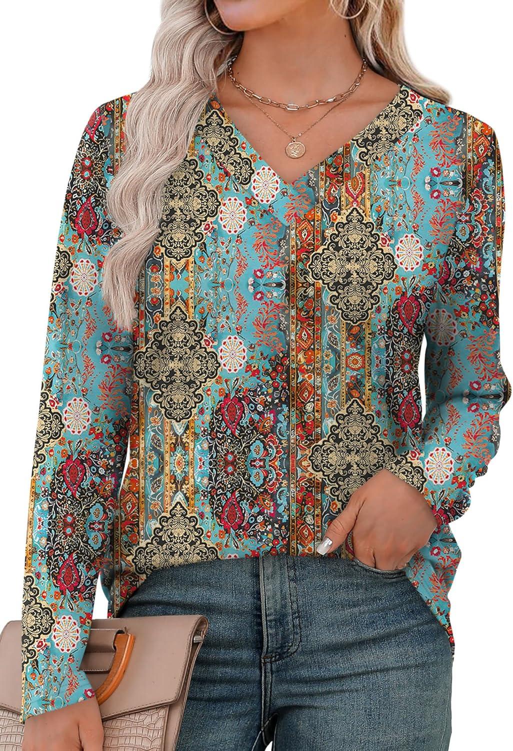 imageXIEERDUO Long Sleeve Shirts for Women V Neck Fall Tops Basic Tunic Tops Loose Fit Dressy 2025Boho Floral