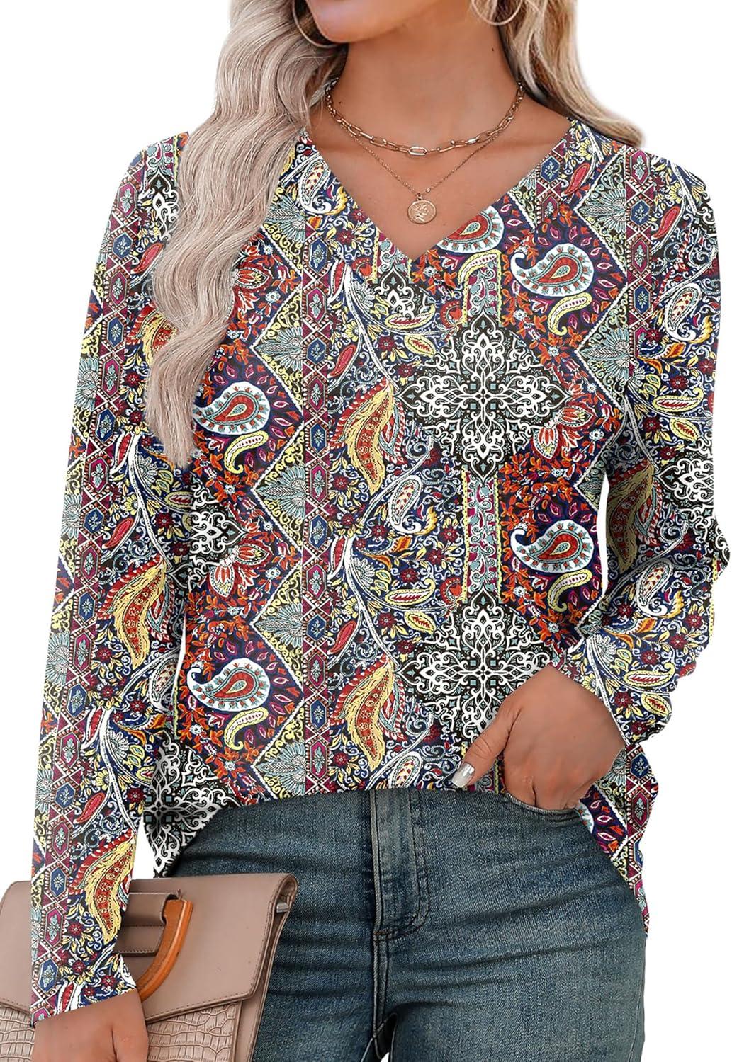 imageXIEERDUO Long Sleeve Shirts for Women V Neck Fall Tops Basic Tunic Tops Loose Fit Dressy 2025Boho Flower