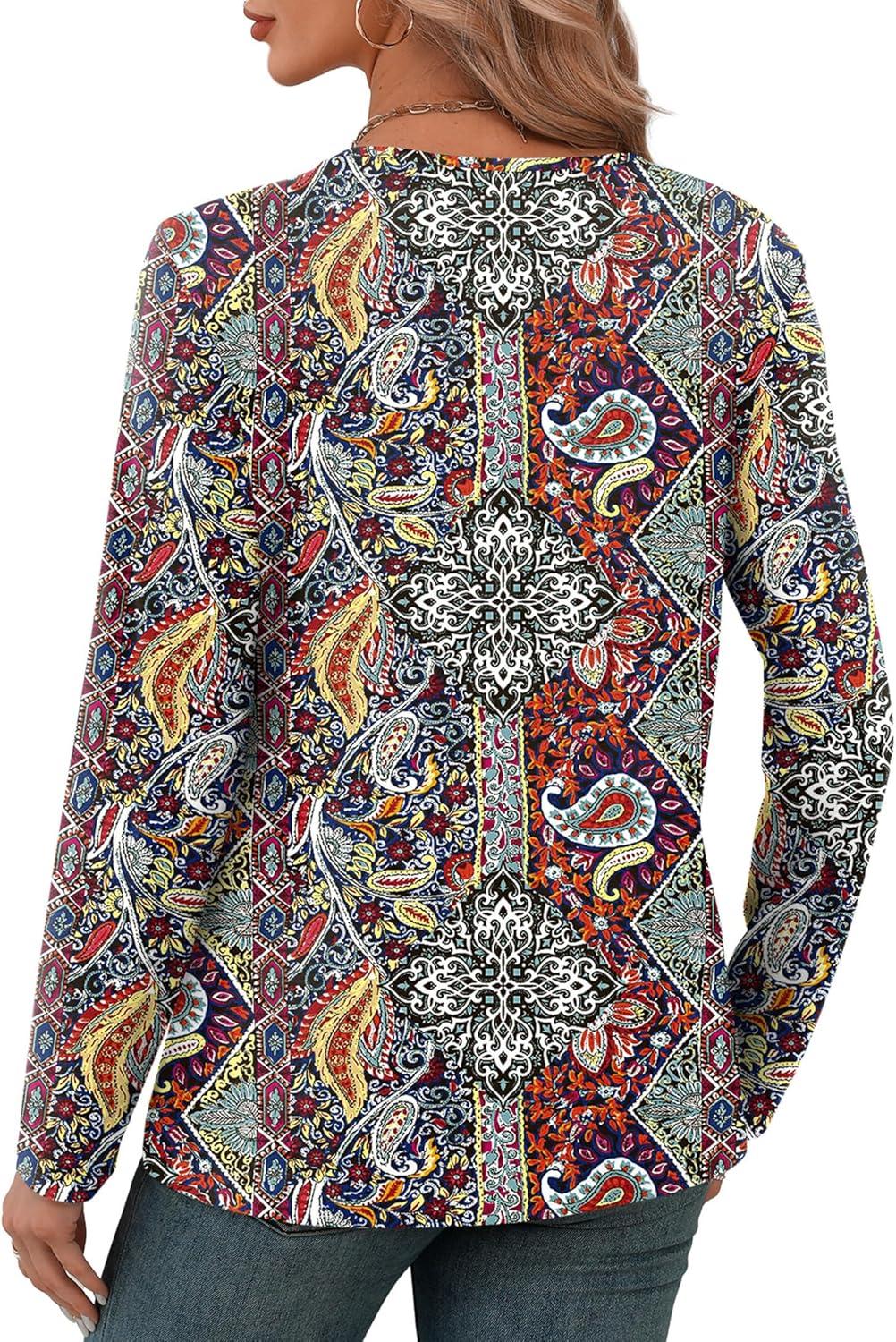 imageXIEERDUO Long Sleeve Shirts for Women V Neck Fall Tops Basic Tunic Tops Loose Fit Dressy 2025Boho Flower