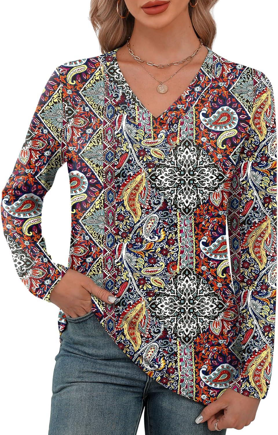 imageXIEERDUO Long Sleeve Shirts for Women V Neck Fall Tops Basic Tunic Tops Loose Fit Dressy 2025Boho Flower