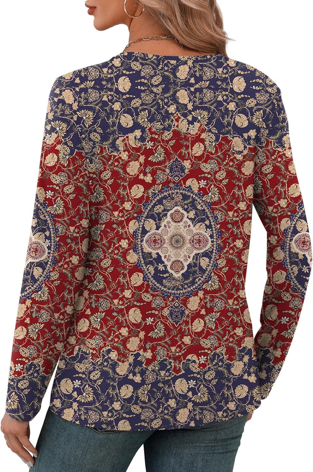 imageXIEERDUO Long Sleeve Shirts for Women V Neck Fall Tops Basic Tunic Tops Loose Fit Dressy 2025Boho Print