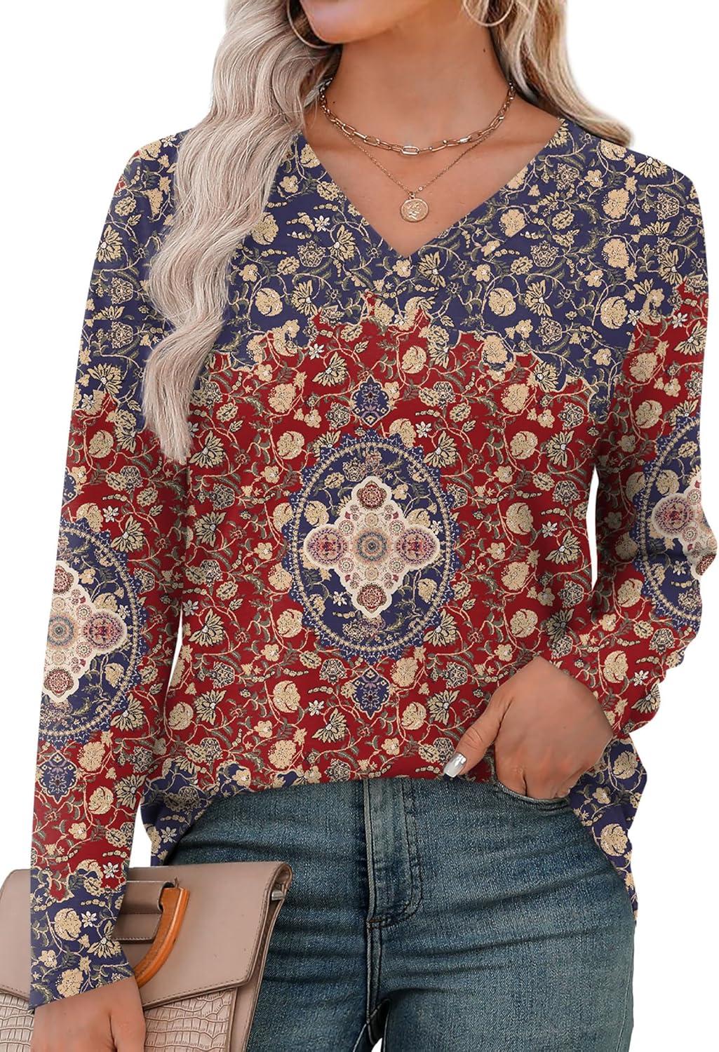 imageXIEERDUO Long Sleeve Shirts for Women V Neck Fall Tops Basic Tunic Tops Loose Fit Dressy 2025Boho Print