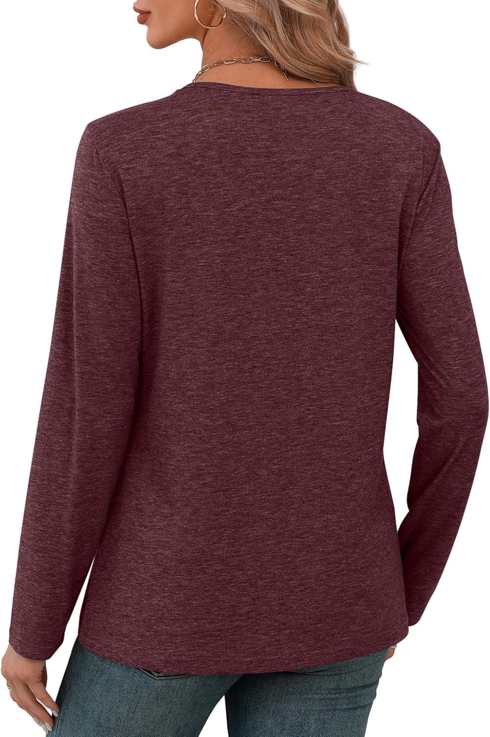 imageXIEERDUO Long Sleeve Shirts for Women V Neck Fall Tops Basic Tunic Tops Loose Fit Dressy 2025Burgundy