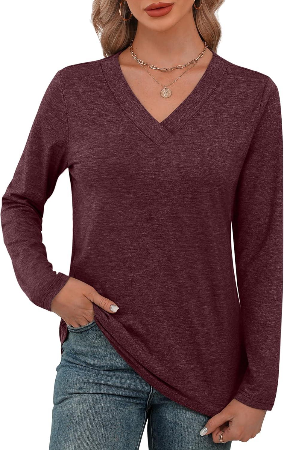 imageXIEERDUO Long Sleeve Shirts for Women V Neck Fall Tops Basic Tunic Tops Loose Fit Dressy 2025Burgundy