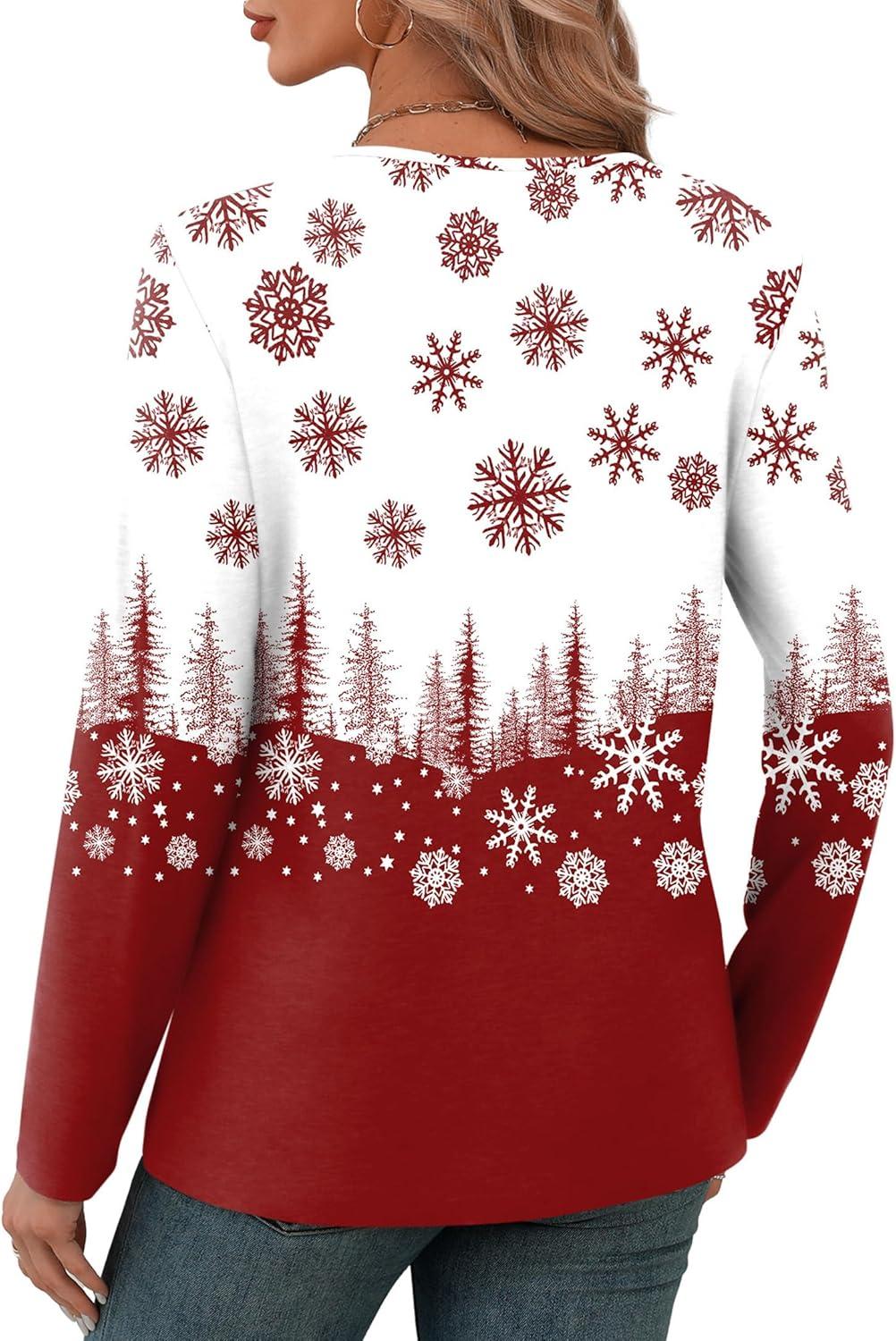 imageXIEERDUO Long Sleeve Shirts for Women V Neck Fall Tops Basic Tunic Tops Loose Fit Dressy 2025Christmas Print