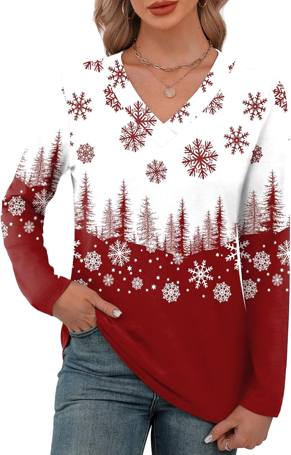 imageXIEERDUO Long Sleeve Shirts for Women V Neck Fall Tops Basic Tunic Tops Loose Fit Dressy 2025Christmas Print