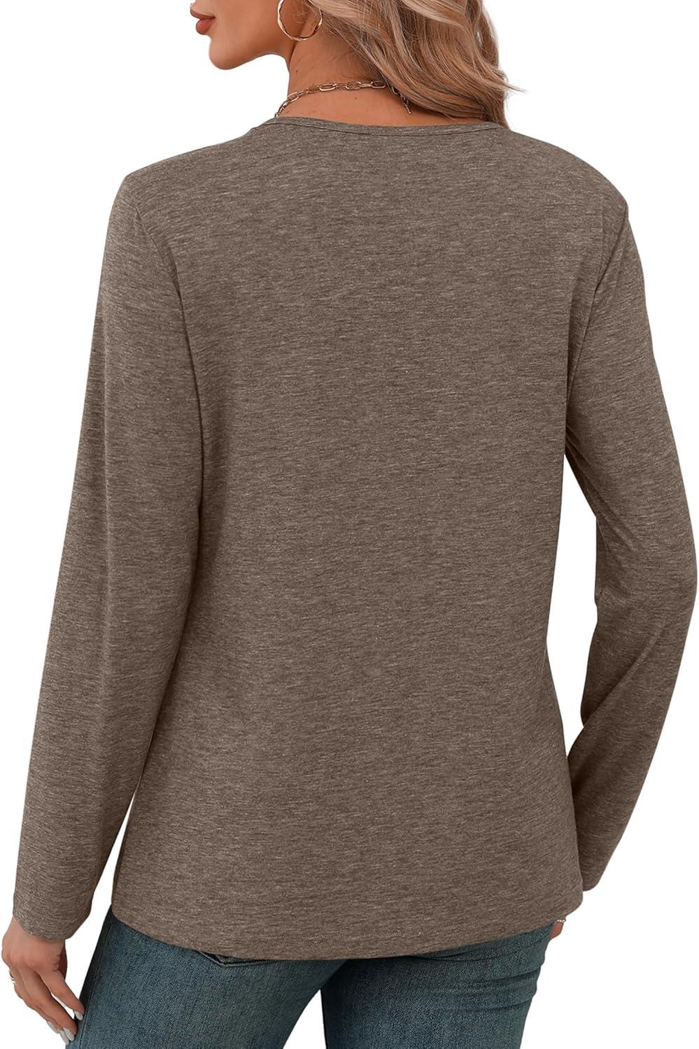 imageXIEERDUO Long Sleeve Shirts for Women V Neck Fall Tops Basic Tunic Tops Loose Fit Dressy 2025Coffee