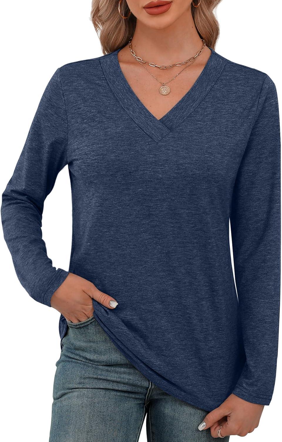 imageXIEERDUO Long Sleeve Shirts for Women V Neck Fall Tops Basic Tunic Tops Loose Fit Dressy 2025Dark Blue