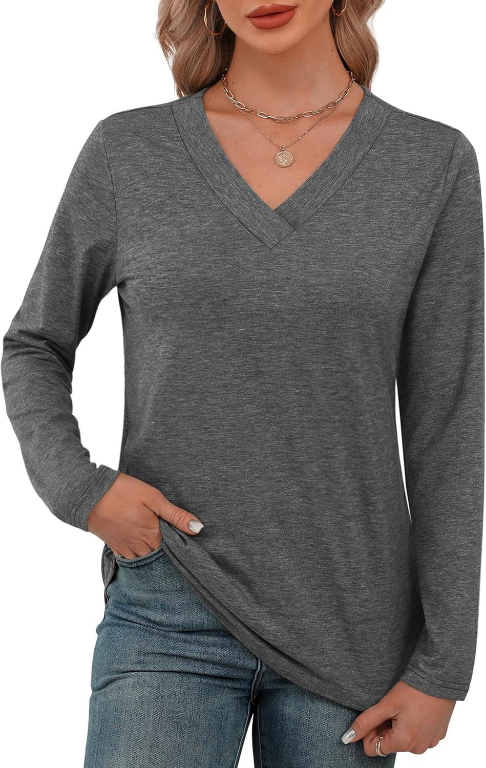 imageXIEERDUO Long Sleeve Shirts for Women V Neck Fall Tops Basic Tunic Tops Loose Fit Dressy 2025Grey