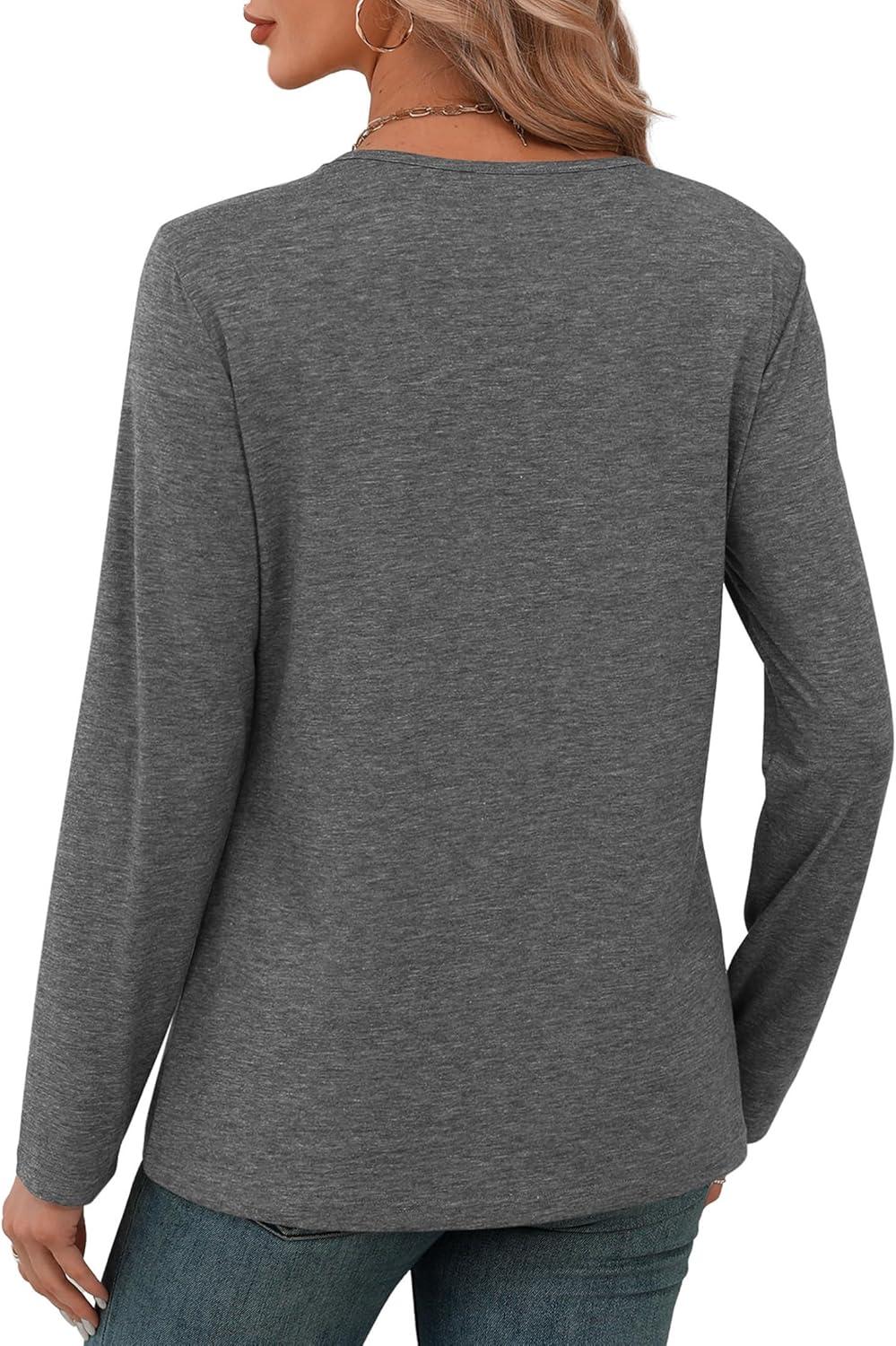 imageXIEERDUO Long Sleeve Shirts for Women V Neck Fall Tops Basic Tunic Tops Loose Fit Dressy 2025Grey