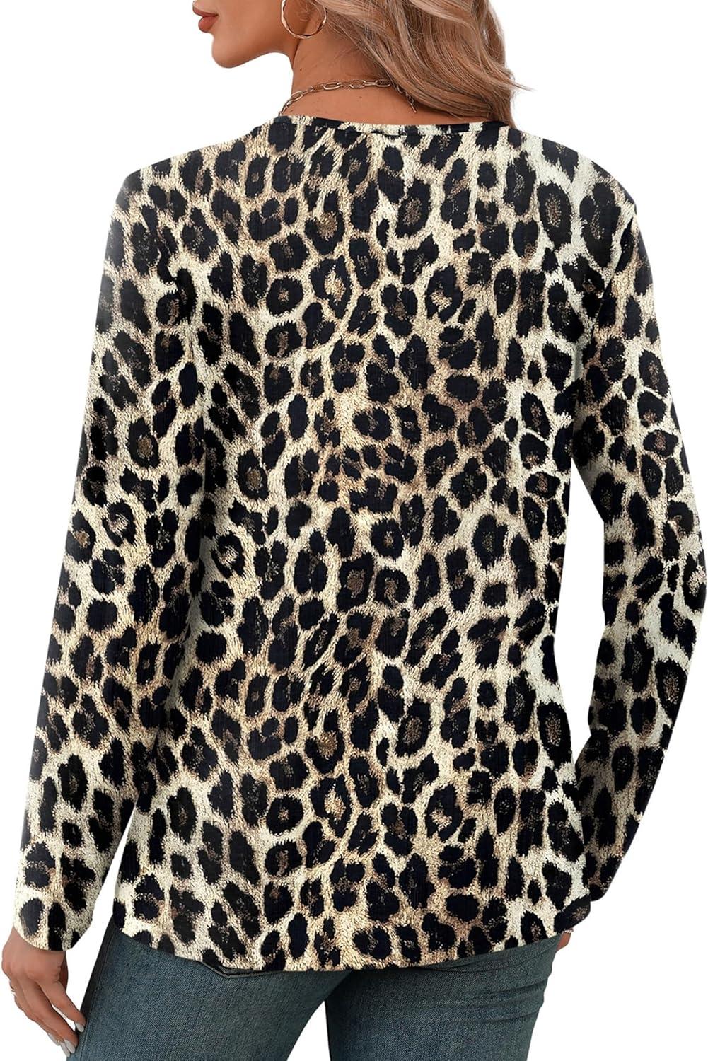 imageXIEERDUO Long Sleeve Shirts for Women V Neck Fall Tops Basic Tunic Tops Loose Fit Dressy 2025Leopard Print