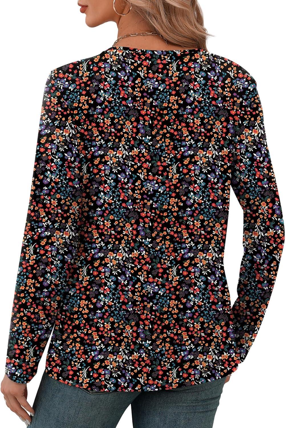imageXIEERDUO Long Sleeve Shirts for Women V Neck Fall Tops Basic Tunic Tops Loose Fit Dressy 2025Patternedblack Floral