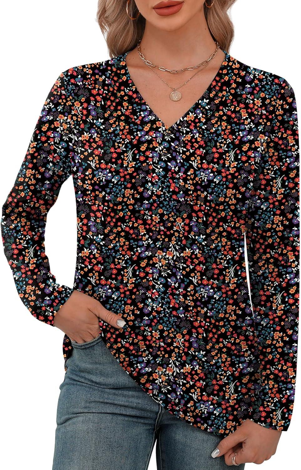 imageXIEERDUO Long Sleeve Shirts for Women V Neck Fall Tops Basic Tunic Tops Loose Fit Dressy 2025Patternedblack Floral