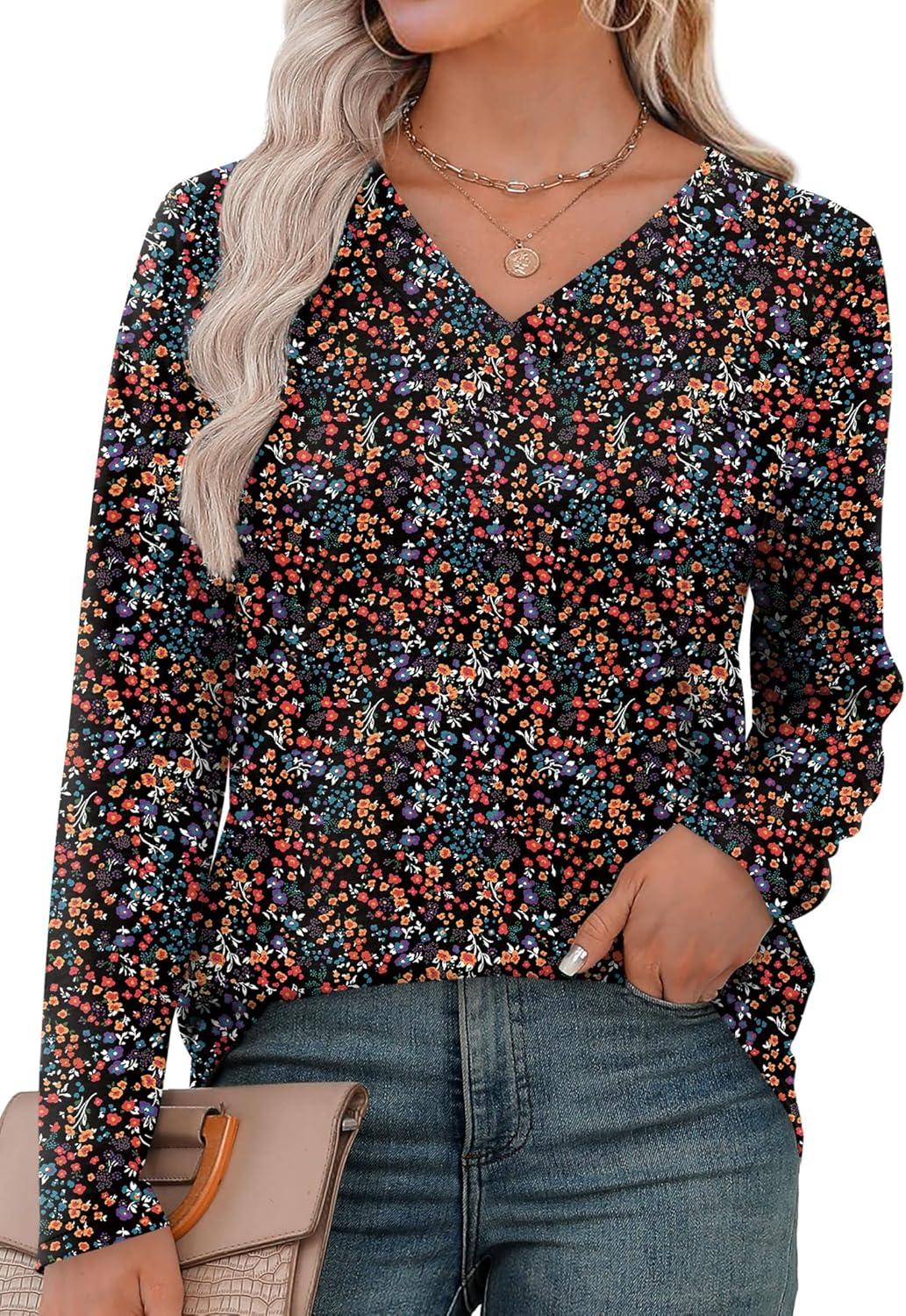 imageXIEERDUO Long Sleeve Shirts for Women V Neck Fall Tops Basic Tunic Tops Loose Fit Dressy 2025Patternedblack Floral