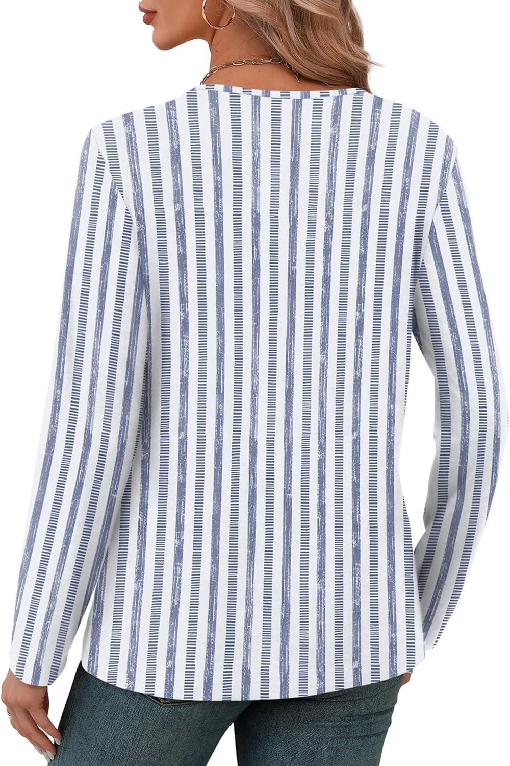 imageXIEERDUO Long Sleeve Shirts for Women V Neck Fall Tops Basic Tunic Tops Loose Fit Dressy 2025Patternedblue Stripe