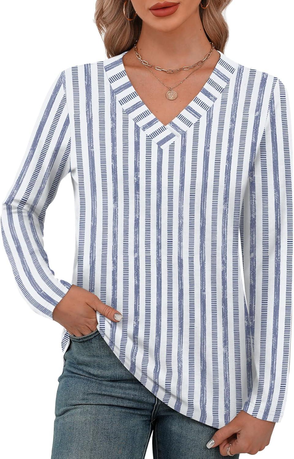 imageXIEERDUO Long Sleeve Shirts for Women V Neck Fall Tops Basic Tunic Tops Loose Fit Dressy 2025Patternedblue Stripe