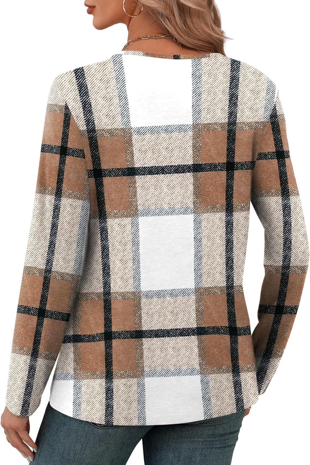 imageXIEERDUO Long Sleeve Shirts for Women V Neck Fall Tops Basic Tunic Tops Loose Fit Dressy 2025Patternedbrown Plaid