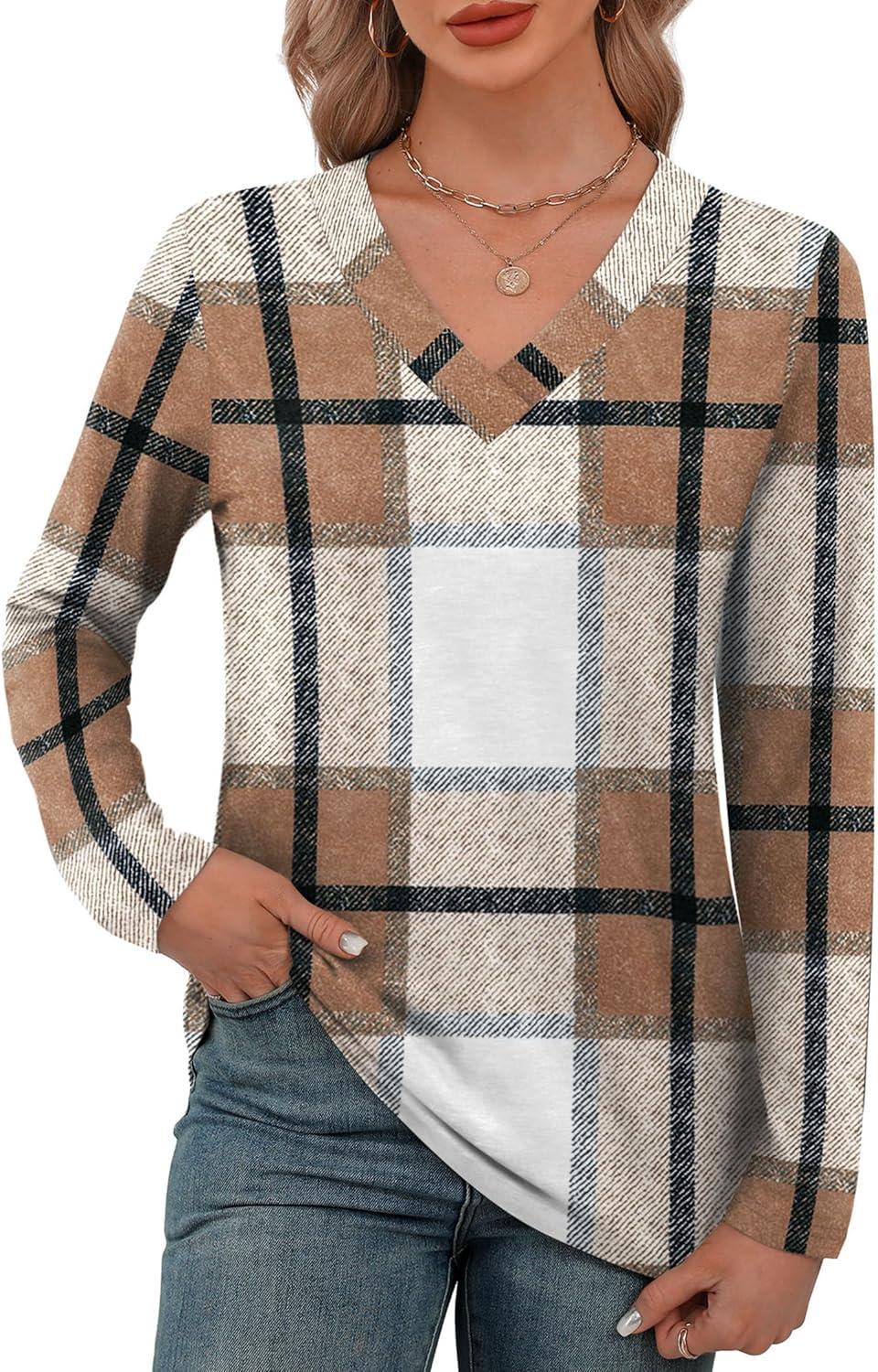 imageXIEERDUO Long Sleeve Shirts for Women V Neck Fall Tops Basic Tunic Tops Loose Fit Dressy 2025Patternedbrown Plaid