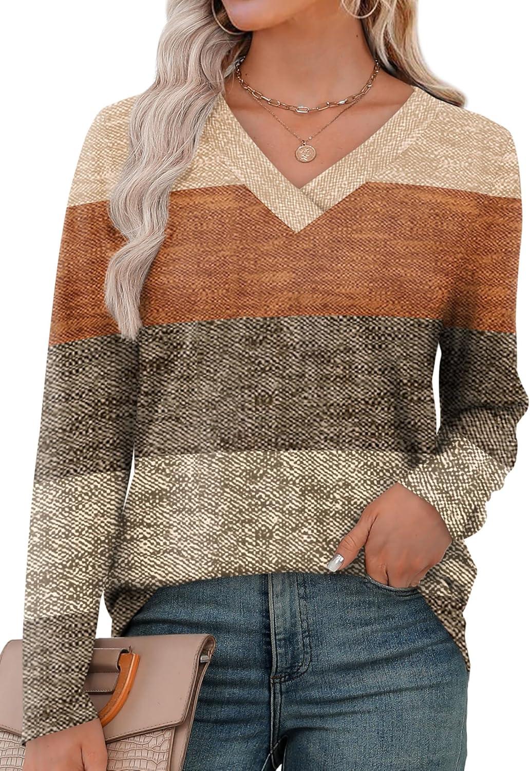 imageXIEERDUO Long Sleeve Shirts for Women V Neck Fall Tops Basic Tunic Tops Loose Fit Dressy 2025Patternedbrown Print