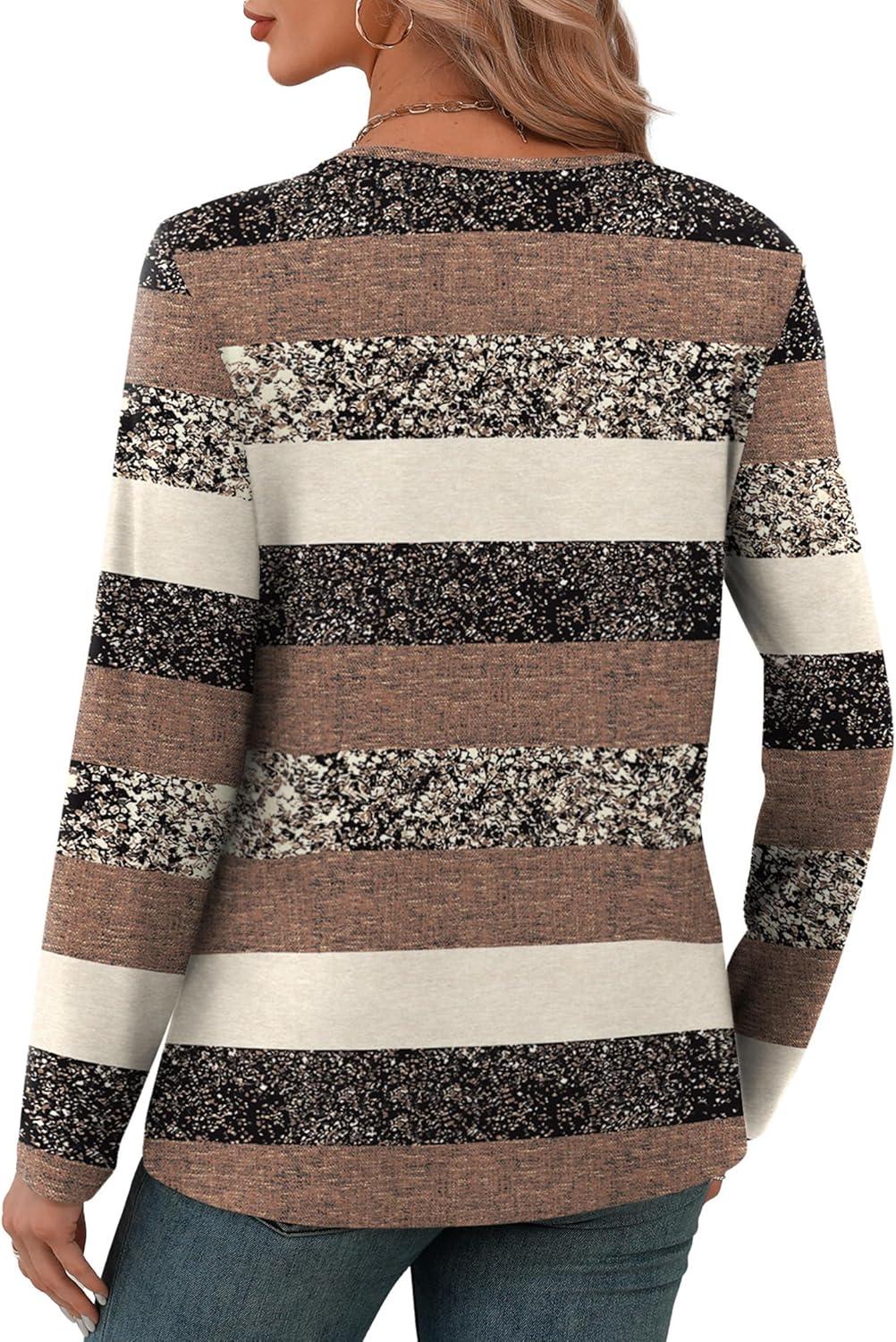 imageXIEERDUO Long Sleeve Shirts for Women V Neck Fall Tops Basic Tunic Tops Loose Fit Dressy 2025Patternedbrown Stripe