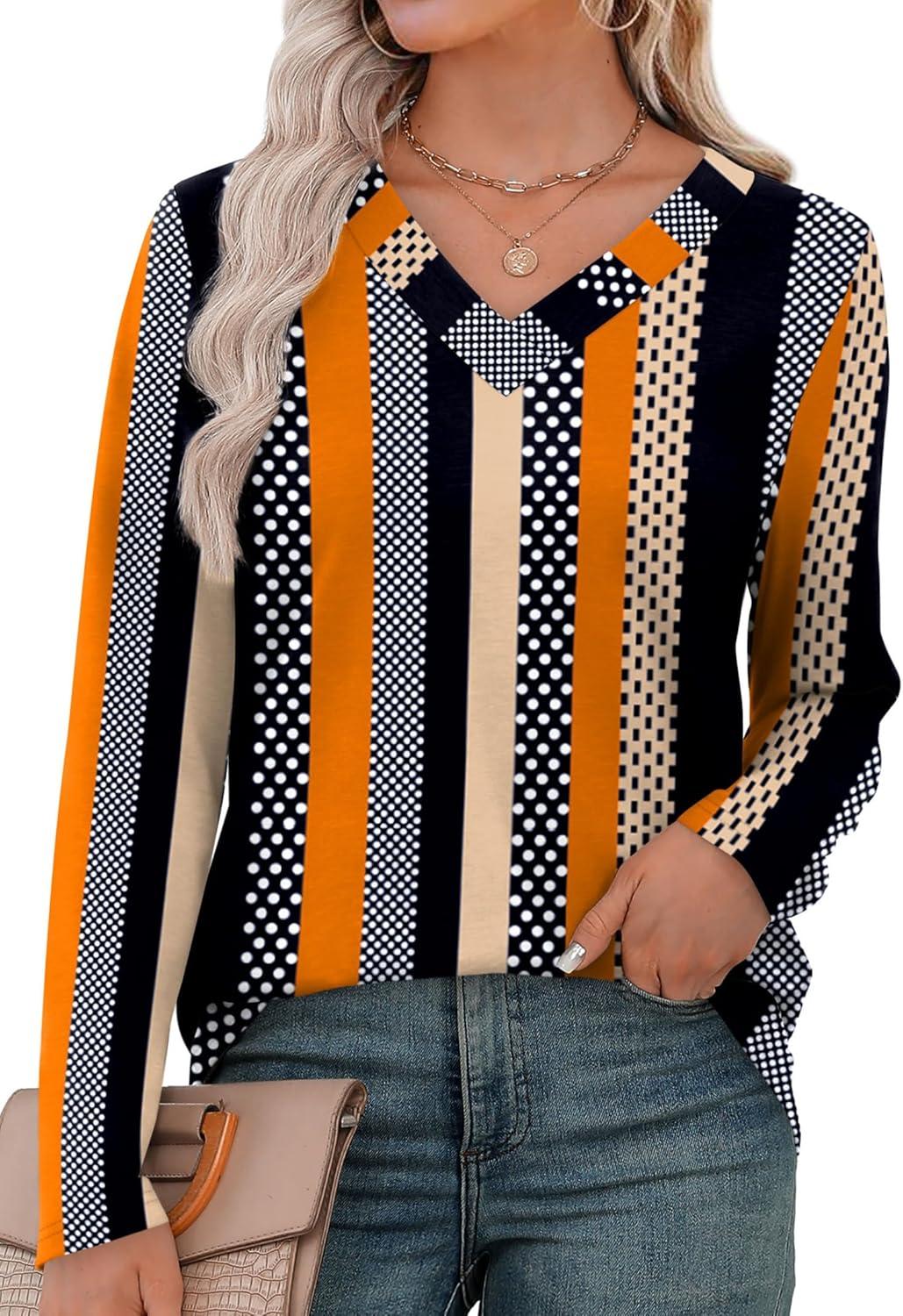 imageXIEERDUO Long Sleeve Shirts for Women V Neck Fall Tops Basic Tunic Tops Loose Fit Dressy 2025Patternedkhaki Stripe