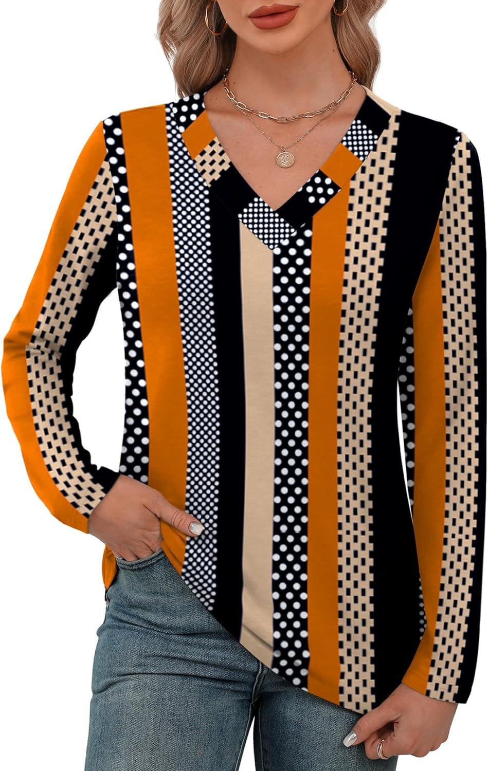 imageXIEERDUO Long Sleeve Shirts for Women V Neck Fall Tops Basic Tunic Tops Loose Fit Dressy 2025Patternedkhaki Stripe