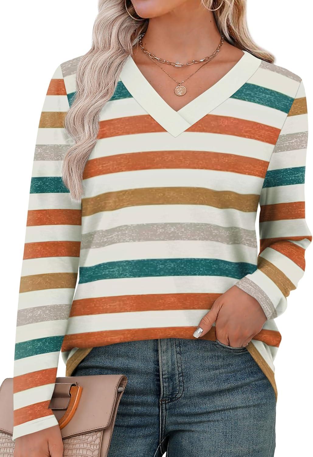 imageXIEERDUO Long Sleeve Shirts for Women V Neck Fall Tops Basic Tunic Tops Loose Fit Dressy 2025Patternedmulticolor Stripe