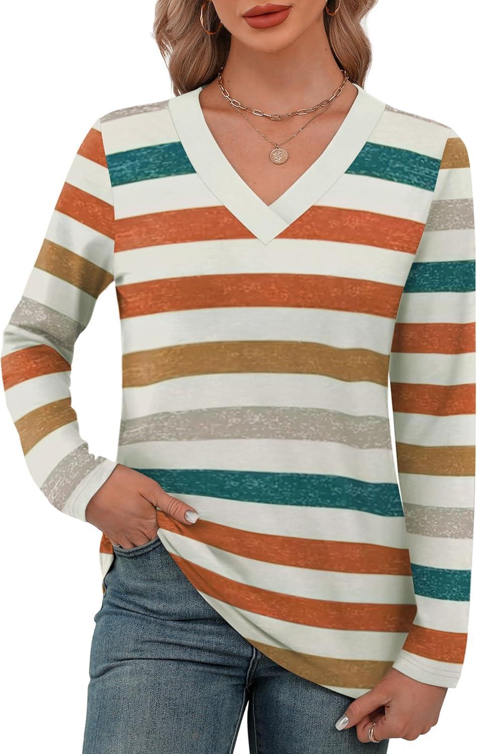 imageXIEERDUO Long Sleeve Shirts for Women V Neck Fall Tops Basic Tunic Tops Loose Fit Dressy 2025Patternedmulticolor Stripe