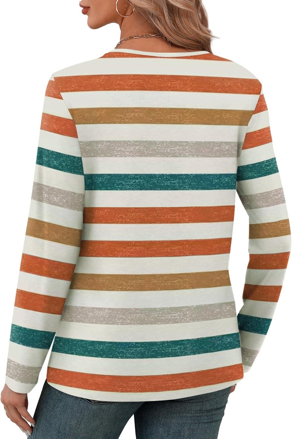 imageXIEERDUO Long Sleeve Shirts for Women V Neck Fall Tops Basic Tunic Tops Loose Fit Dressy 2025Patternedmulticolor Stripe
