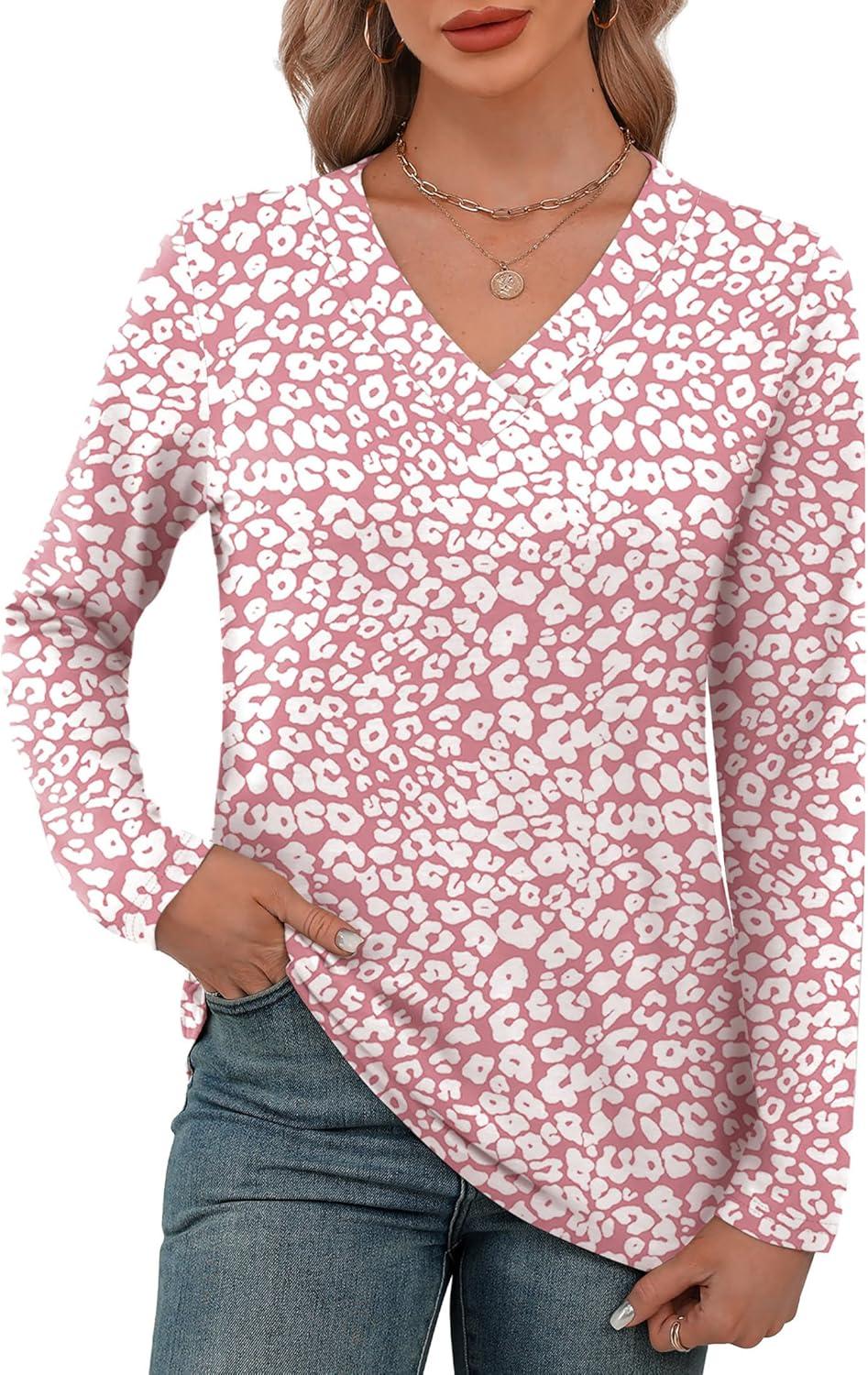 imageXIEERDUO Long Sleeve Shirts for Women V Neck Fall Tops Basic Tunic Tops Loose Fit Dressy 2025Patternedpink Leopard