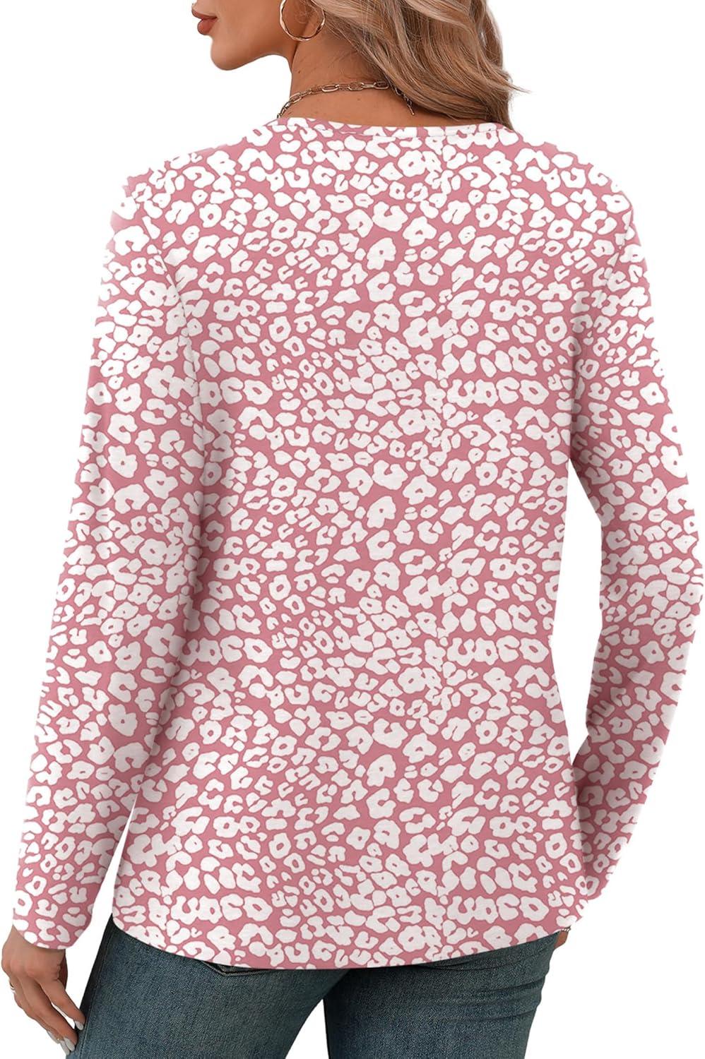 imageXIEERDUO Long Sleeve Shirts for Women V Neck Fall Tops Basic Tunic Tops Loose Fit Dressy 2025Patternedpink Leopard