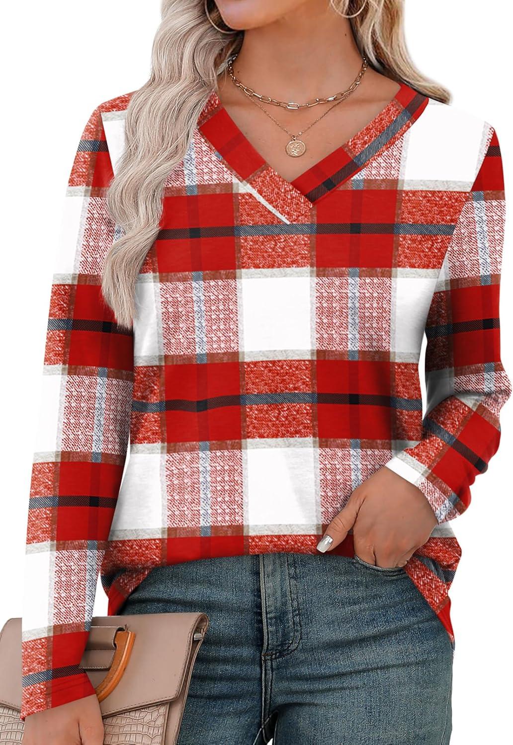 imageXIEERDUO Long Sleeve Shirts for Women V Neck Fall Tops Basic Tunic Tops Loose Fit Dressy 2025Patternedred Plaid