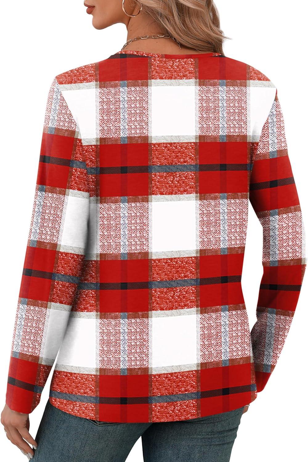 imageXIEERDUO Long Sleeve Shirts for Women V Neck Fall Tops Basic Tunic Tops Loose Fit Dressy 2025Patternedred Plaid