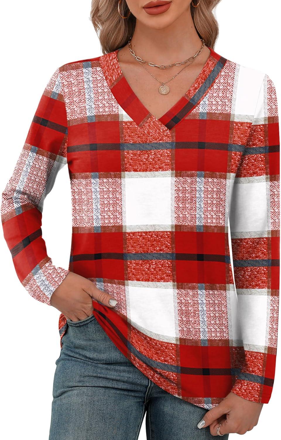 imageXIEERDUO Long Sleeve Shirts for Women V Neck Fall Tops Basic Tunic Tops Loose Fit Dressy 2025Patternedred Plaid