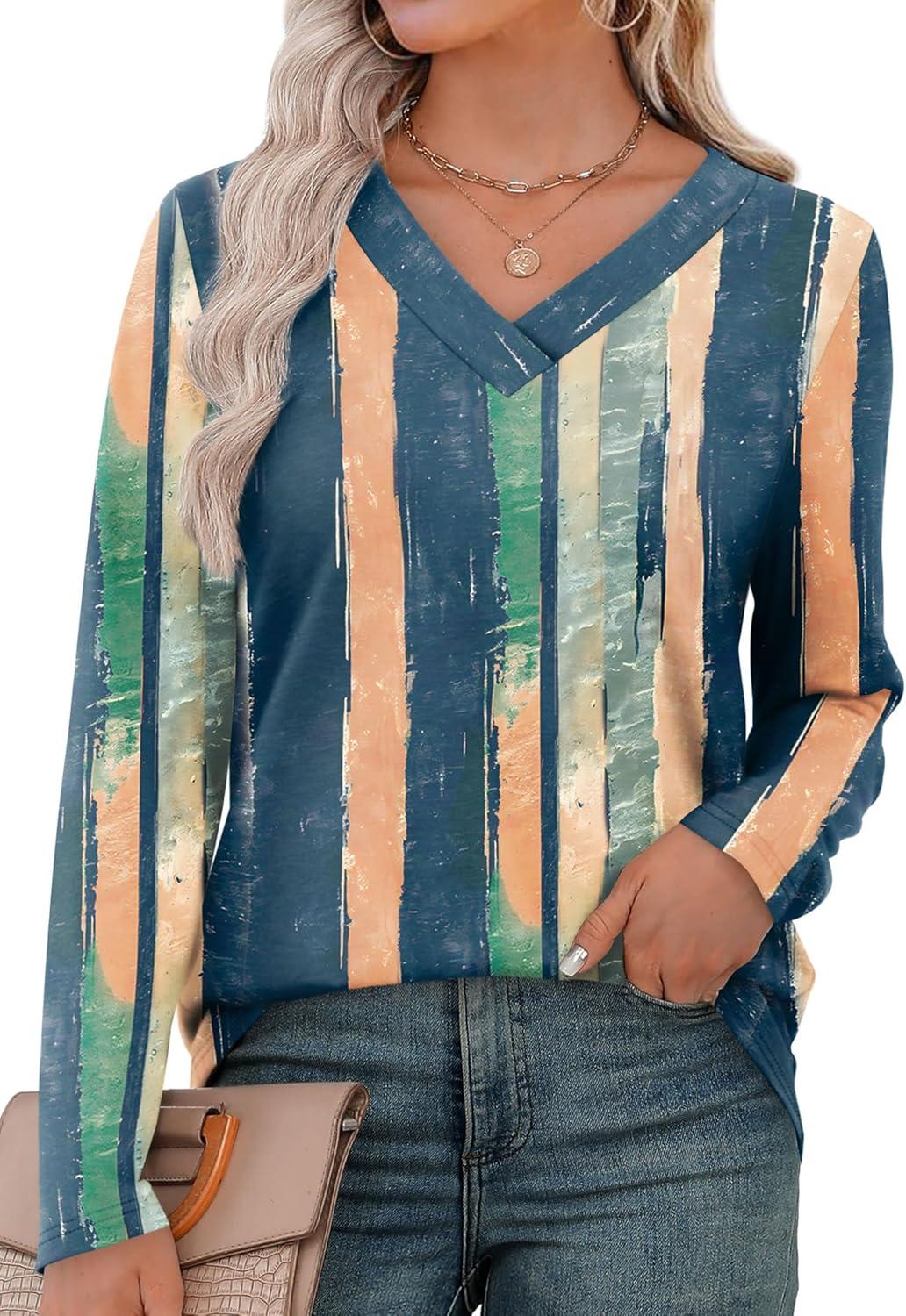 imageXIEERDUO Long Sleeve Shirts for Women V Neck Fall Tops Basic Tunic Tops Loose Fit Dressy 2025Patternedtie Dye Stripes