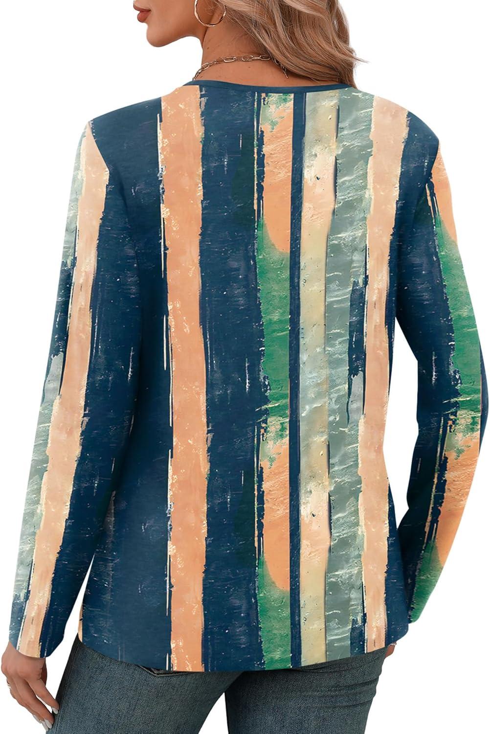 imageXIEERDUO Long Sleeve Shirts for Women V Neck Fall Tops Basic Tunic Tops Loose Fit Dressy 2025Patternedtie Dye Stripes