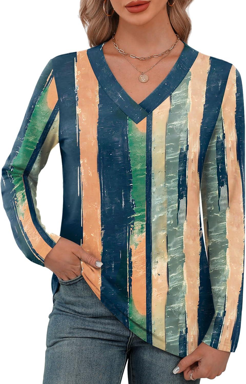 imageXIEERDUO Long Sleeve Shirts for Women V Neck Fall Tops Basic Tunic Tops Loose Fit Dressy 2025Patternedtie Dye Stripes