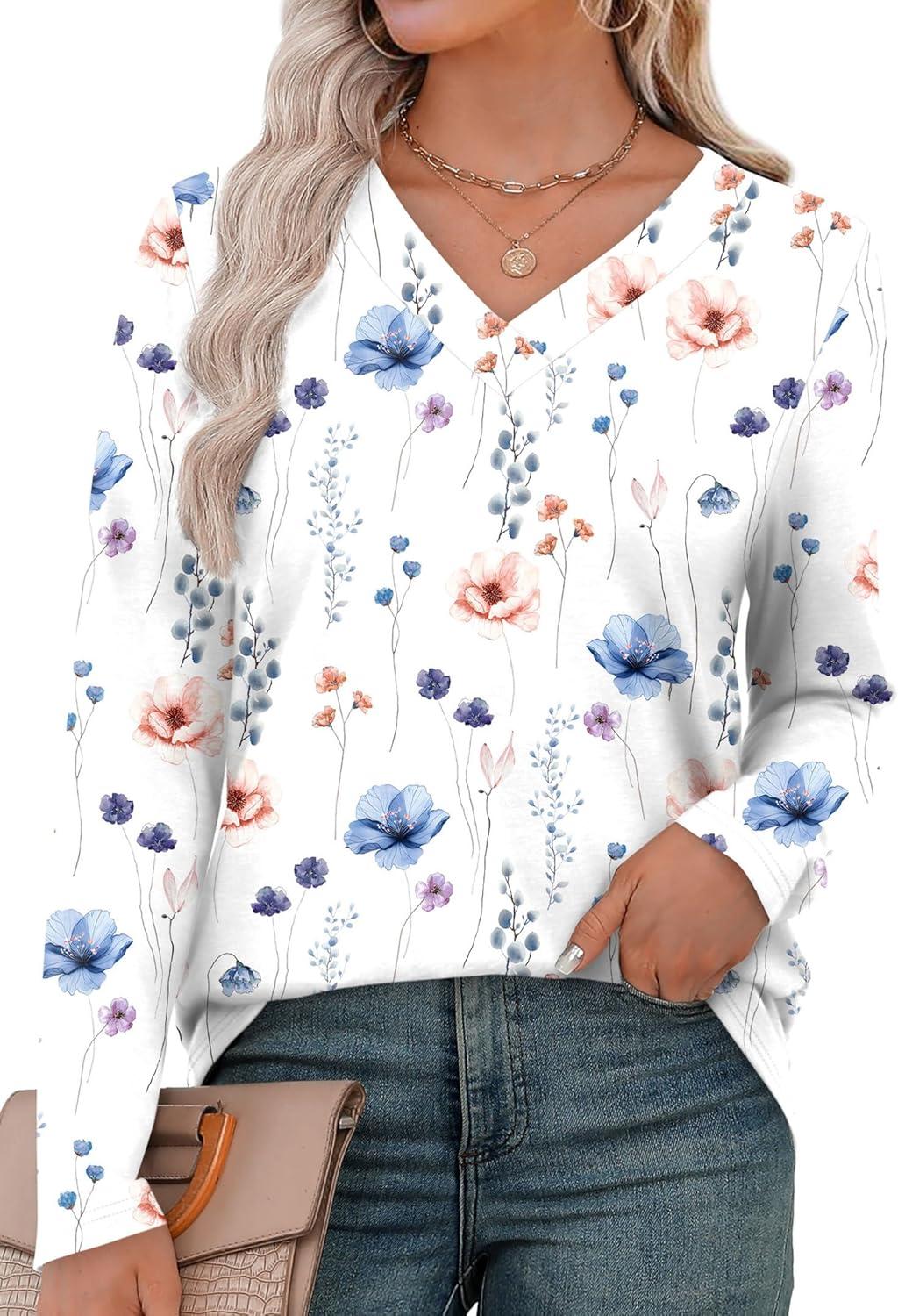imageXIEERDUO Long Sleeve Shirts for Women V Neck Fall Tops Basic Tunic Tops Loose Fit Dressy 2025Patternedwhite Floral