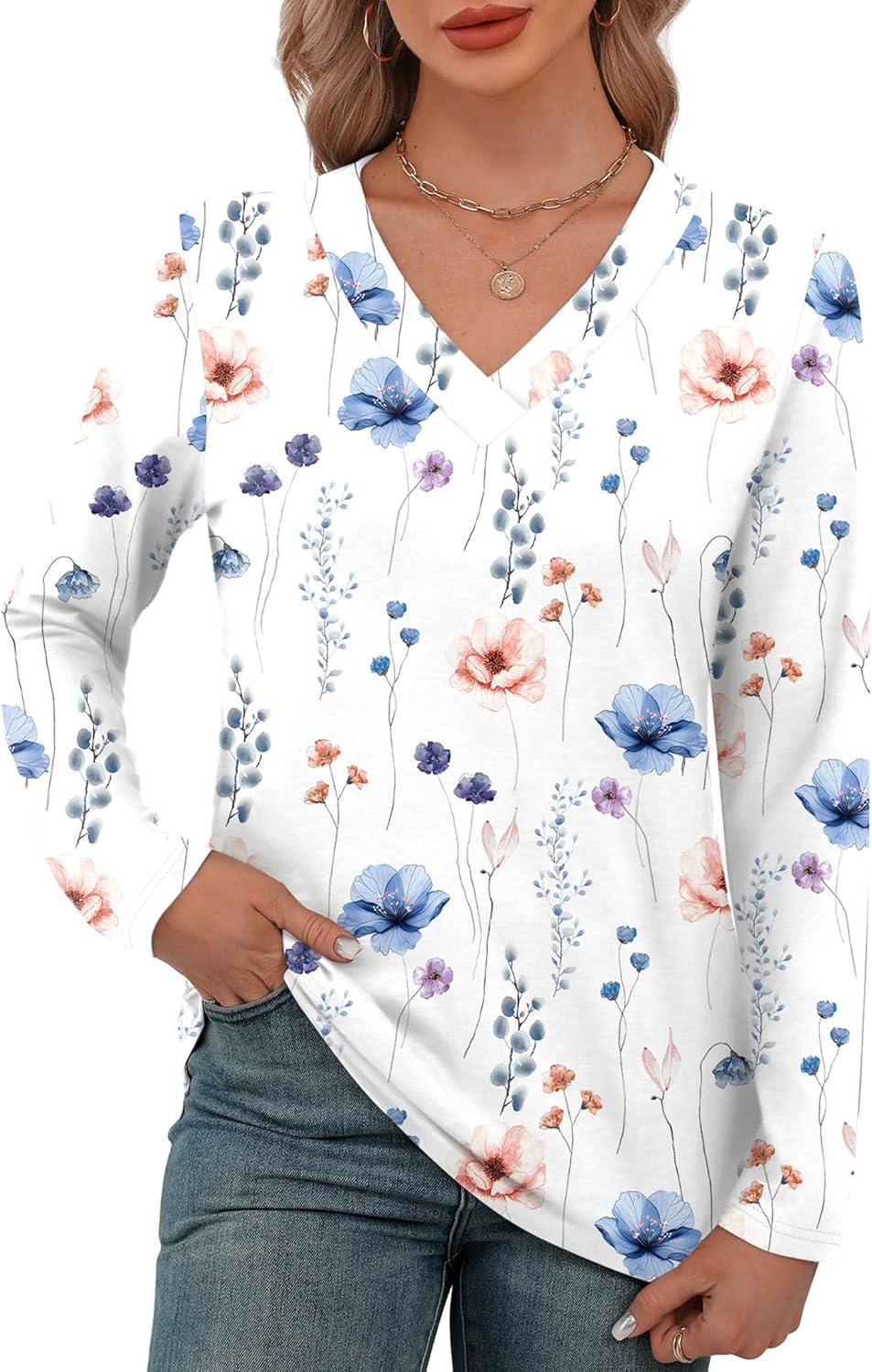 imageXIEERDUO Long Sleeve Shirts for Women V Neck Fall Tops Basic Tunic Tops Loose Fit Dressy 2025Patternedwhite Floral