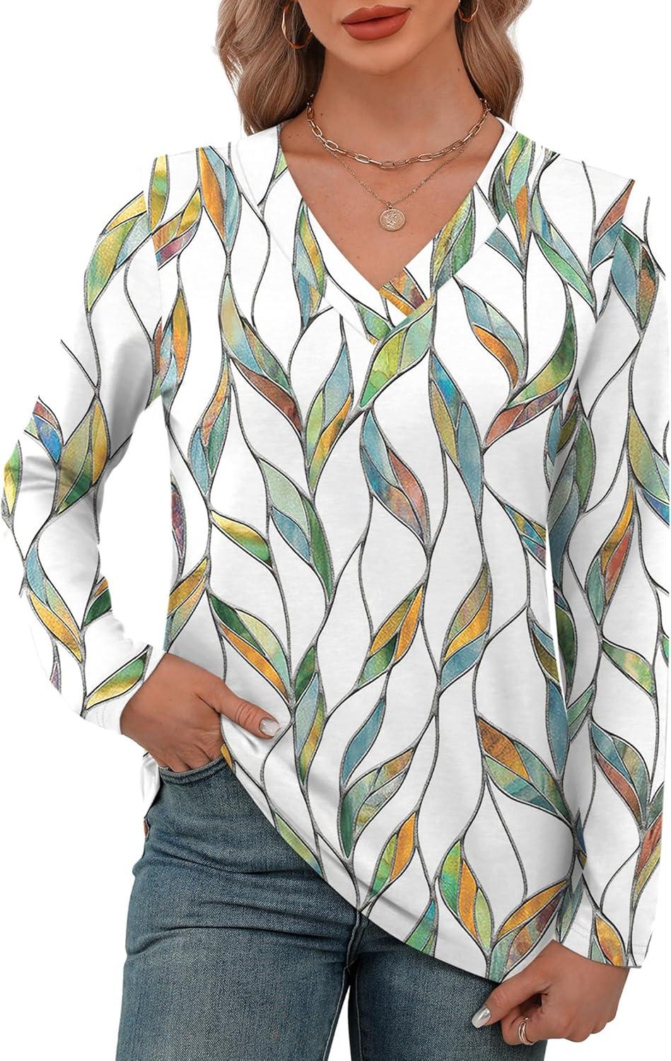 imageXIEERDUO Long Sleeve Shirts for Women V Neck Fall Tops Basic Tunic Tops Loose Fit Dressy 2025Patternedwhite Print