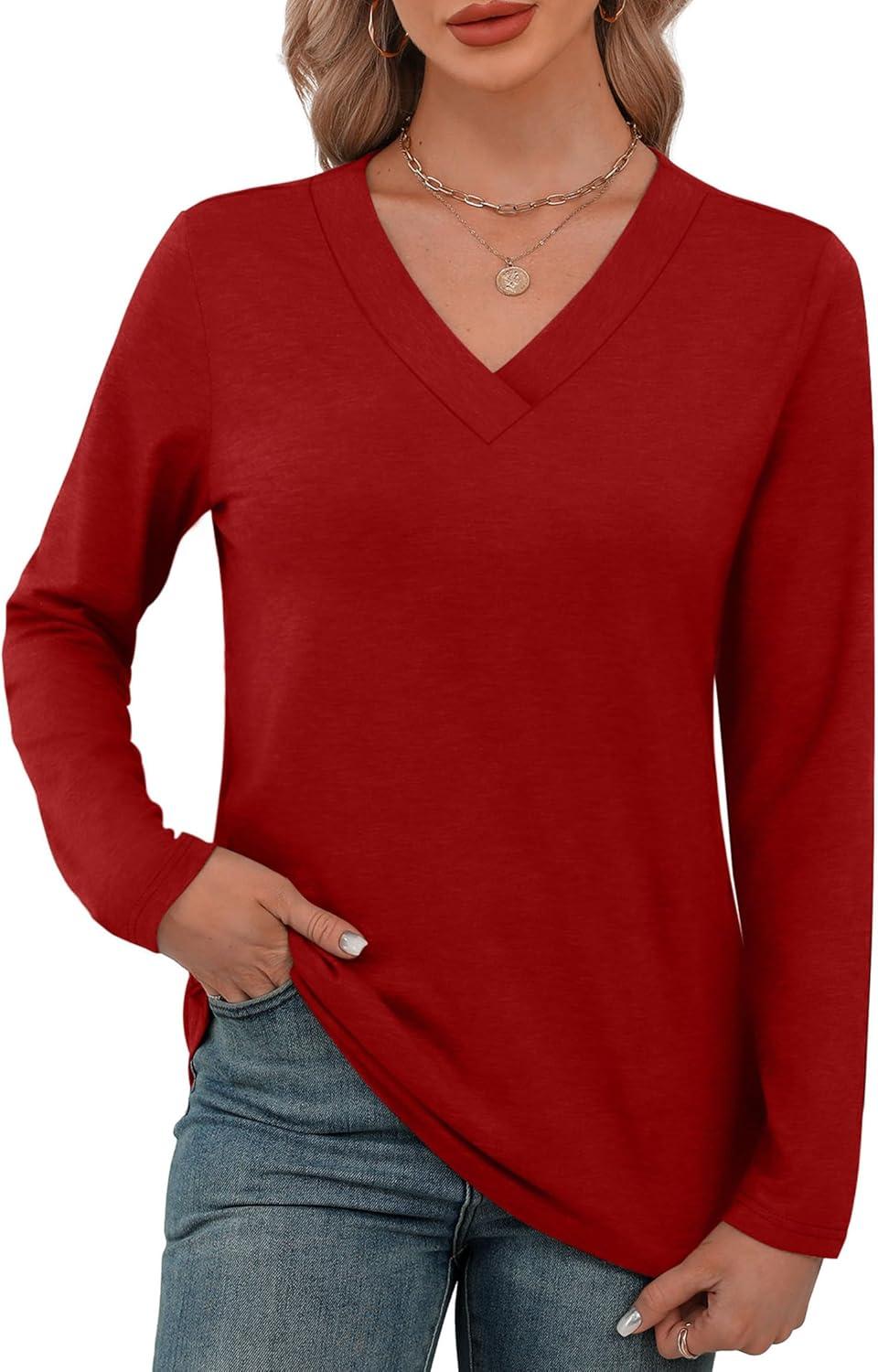 imageXIEERDUO Long Sleeve Shirts for Women V Neck Fall Tops Basic Tunic Tops Loose Fit Dressy 2025Red