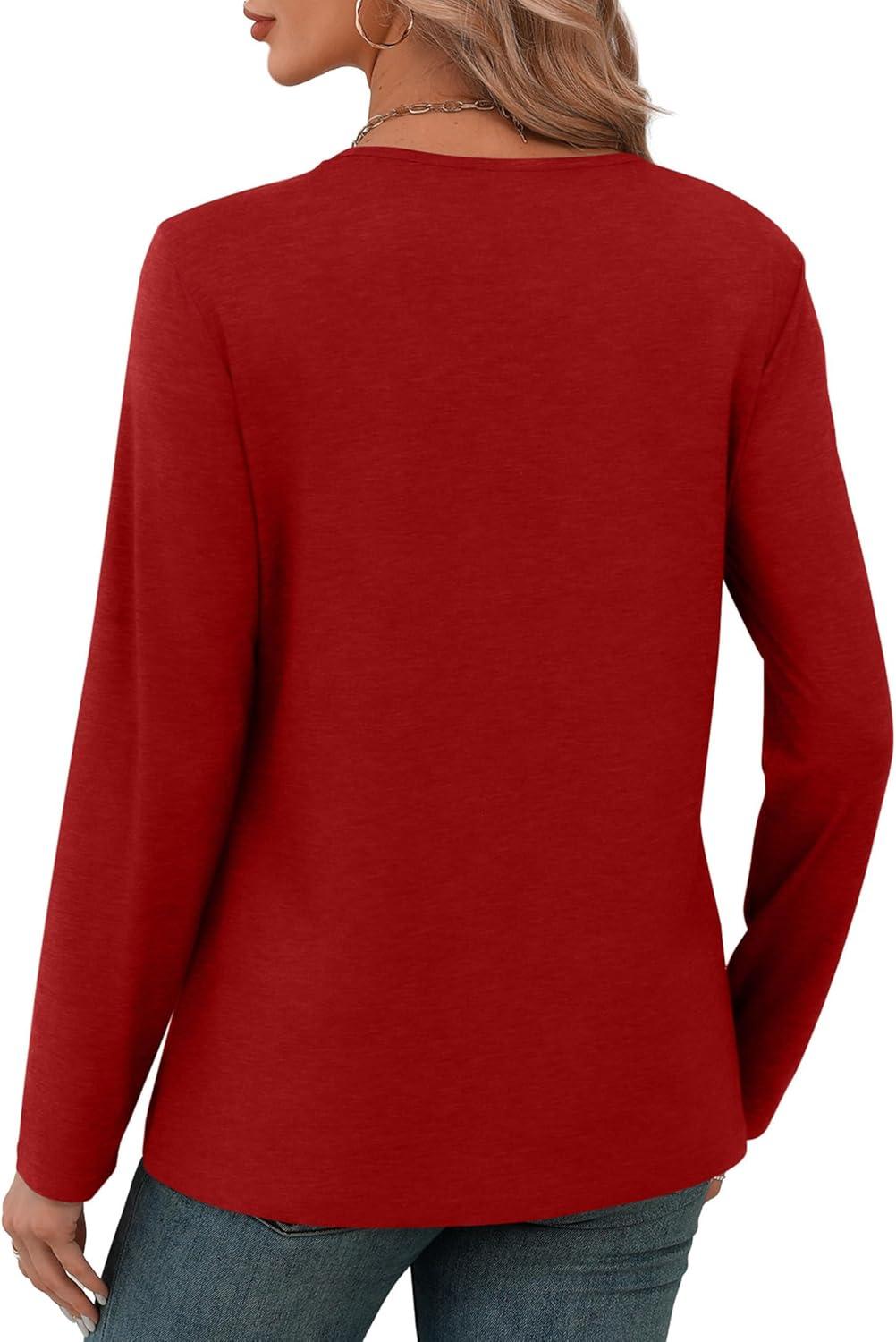 imageXIEERDUO Long Sleeve Shirts for Women V Neck Fall Tops Basic Tunic Tops Loose Fit Dressy 2025Red